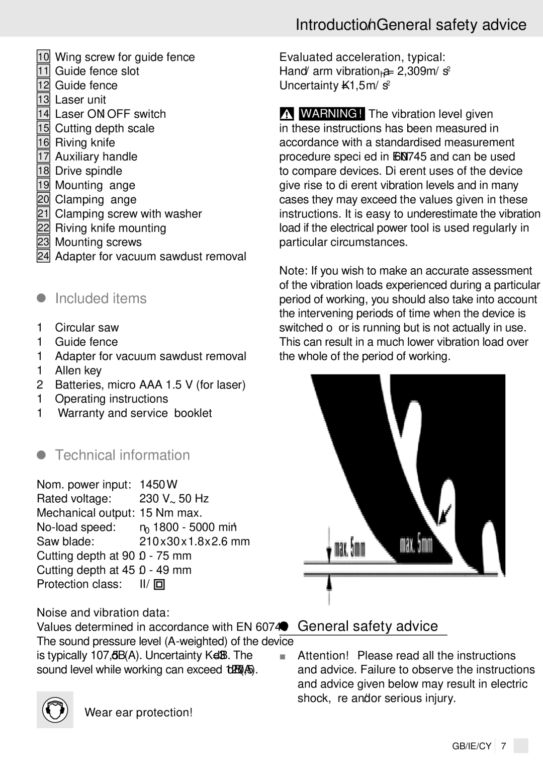 Kompernass PHKS 1450 LASER manual Introduction / General safety advice, Included items, Technical information 